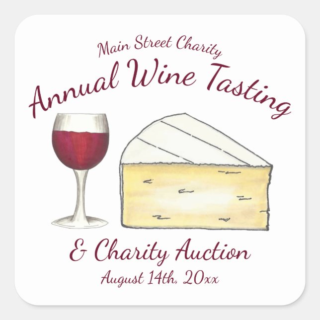 Red Wine Glass Brie Cheese Tasting Charity Event Square Sticker (Front)