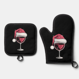 Red Wine Glass Christmas Funny Christmas Xmas  Oven Mitt & Pot Holder Set