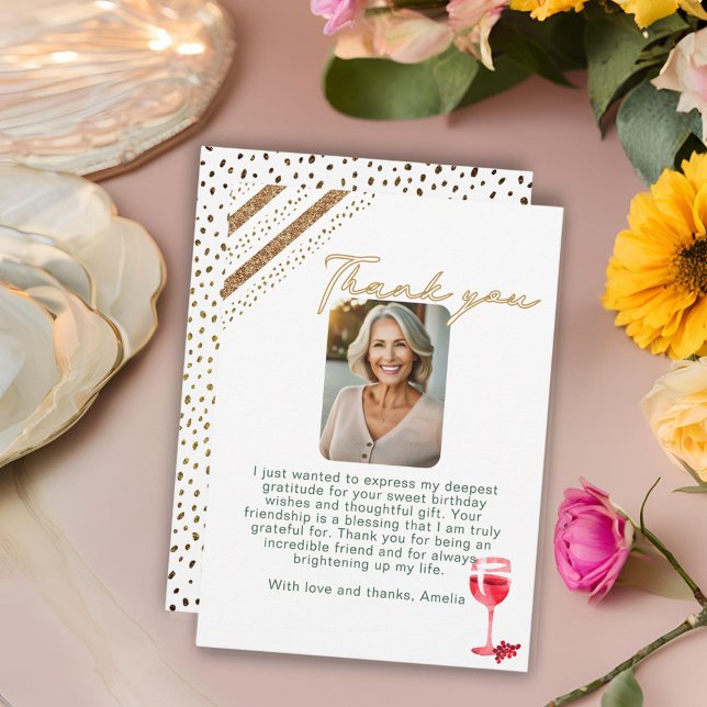 Red Wine Glass Glitter Birthday Photo Thank You Card (Creator Uploaded)