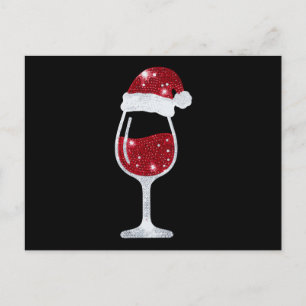 Red Wine Glass Glitter Santa Hat Christmas Xmas Holiday Postcard