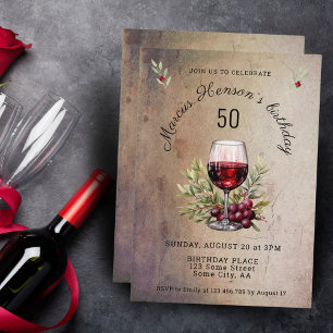Red Wine Glass Olive Watercolor 50th Birthday Invitation