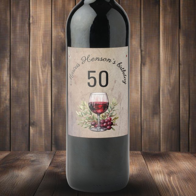 Red Wine Glass Olive Watercolor 50th Birthday  Label (Creator Uploaded)