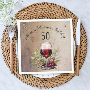 Red Wine Glass Olive Watercolor 50th Birthday  Napkin