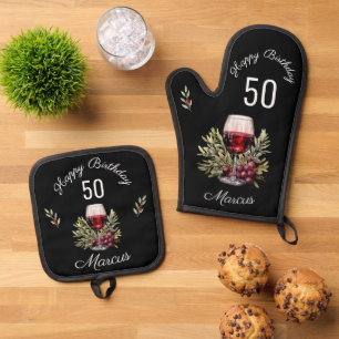 Red Wine Glass Olive Watercolor 50th Birthday Oven Mitt & Pot Holder Set