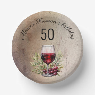Red Wine Glass Olive Watercolor 50th Birthday Paper Plate