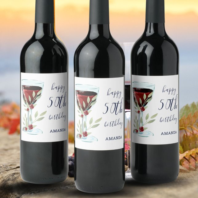 Red Wine Glass Rose Watercolor 50th Birthday Wine Label (Creator Uploaded)