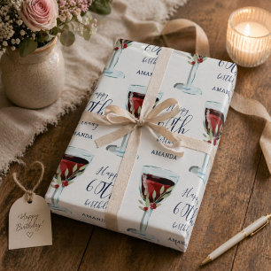 Red Wine Glass Rose Watercolor 60th Birthday Wrapping Paper Sheet