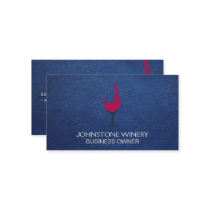 Red Wine Glass Splash Blue Leather Business Card