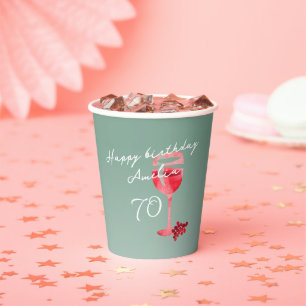Red Wine Glass Watercolor 70th Birthday Party  Paper Cups