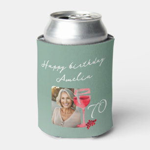 Red Wine Glass Watercolor 70th Birthday Photo Can Cooler