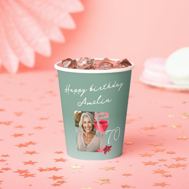 Red Wine Glass Watercolor Birthday Party Photo Paper Cups (Insitu)