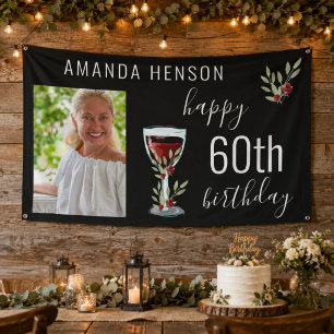 Red Wine Glass Watercolor Photo 60th Birthday Banner