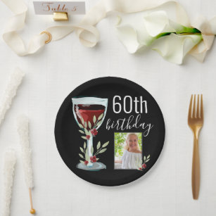 Red Wine Glass Watercolor Photo 60th Birthday  Paper Plate