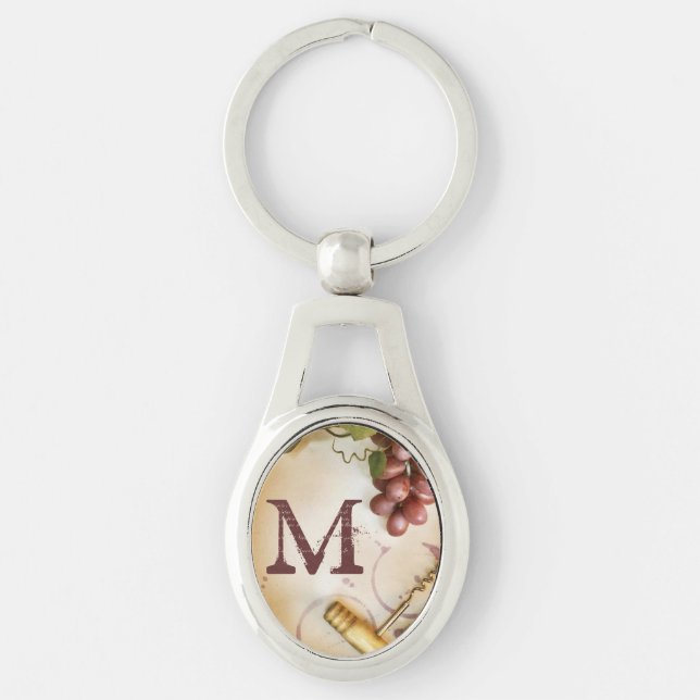 Red Wine Grapes Cork Screw Bottle Glass Key Chain (Front)