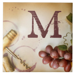 Red Wine Grapes Cork Screw Monogram Display Tile