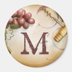 Red Wine Grapes Cork Screw Monogram Initial Magnet