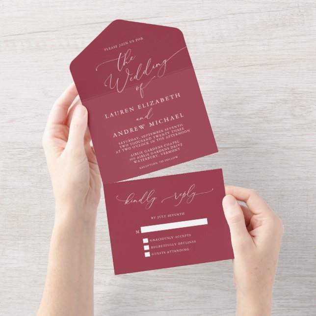 Red Wine Minimalist Wedding All In One Invitation (Tearaway)