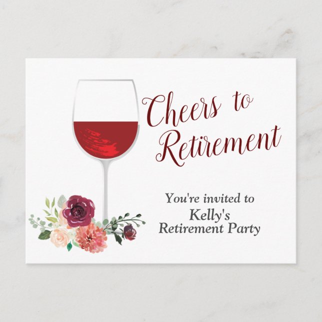 red wine retirement Party Invitation Postcard (Front)