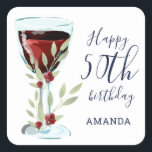 Red Wine Rose Watercolor 50th Birthday  Square Sticker<br><div class="desc">Red Wine Rose Watercolor 50th Birthday Square Sticker. The design has watercolor red wine glass,  roses and twigs. The text is fully customizable - personalize it with your name and any age. Great for a woman or man's birthday gift or mailing.</div>