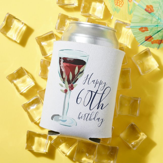 Red Wine Rose Watercolor 60th Birthday Party Can Cooler (In Situ Summer)