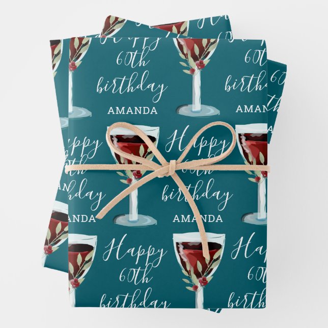 Red Wine Rose Watercolor 60th Birthday Wrapping Paper Sheet (In situ)