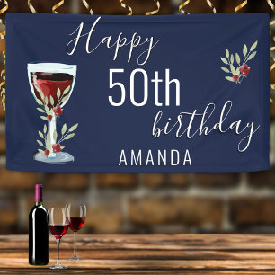 Red Wine Rose Watercolor Navy Blue 50th Birthday Banner
