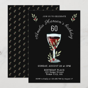 Red Wine Rose Watercolor Navy Blue 60th Birthday Invitation