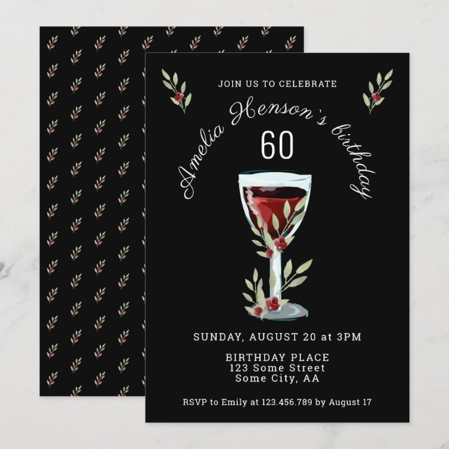 Red Wine Rose Watercolor Navy Blue 60th Birthday Invitation (Front/Back)