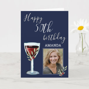 Red Wine Rose Watercolor Photo 50th Birthday  Card