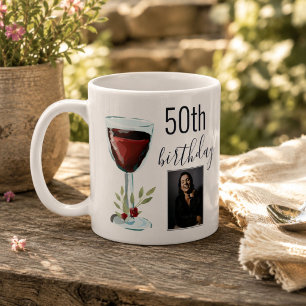Red Wine Rose Watercolor Photo 50th Birthday  Coffee Mug