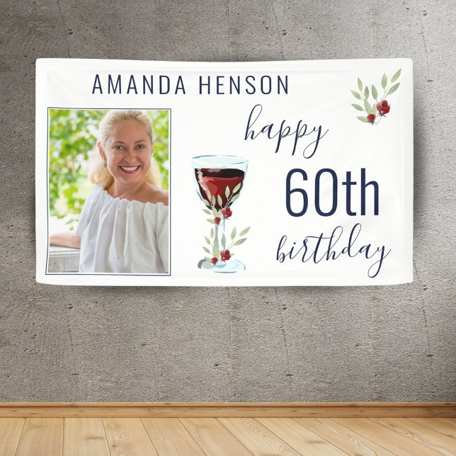 Red Wine Rose Watercolor Photo 60th Birthday  Banner (Creator Uploaded)