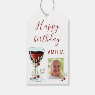 Red Wine Rose Watercolor Photo 60th Birthday  Gift Tags
