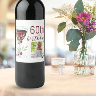 Red Wine Rose Watercolor Photo 60th Birthday Label