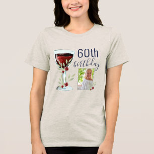 Red Wine Rose Watercolor Photo 60th Birthday  Tri-Blend Shirt