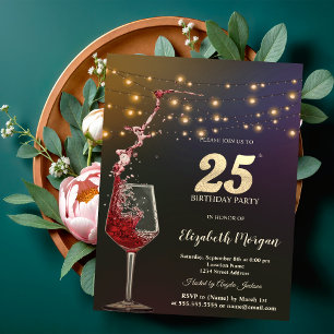 Red Wine String Lights 25th Birthday Party Invitation