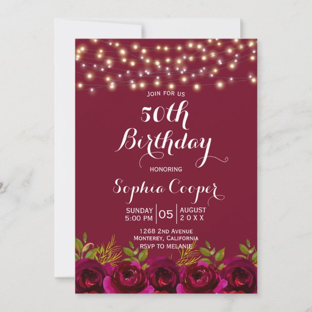 Red Wine String Lights 50th Birthday Party Invitation (Front)