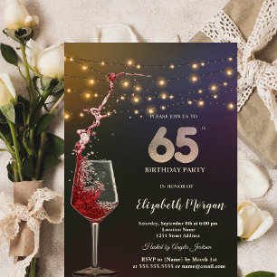 Red Wine String Lights 65th Birthday Party Invitation