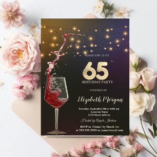 Red Wine String Lights 65th Birthday Party Invitation