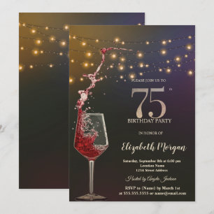 Red Wine String Lights 75th Birthday Party Invitation