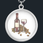 Red Wine Tasting Bottle, Grapes, Glass Necklace<br><div class="desc">Features an original marker illustration of a glass of red merlot wine surrounded by a bottle and grapes. Perfect for your favourite foodie or wine aficionado!</div>