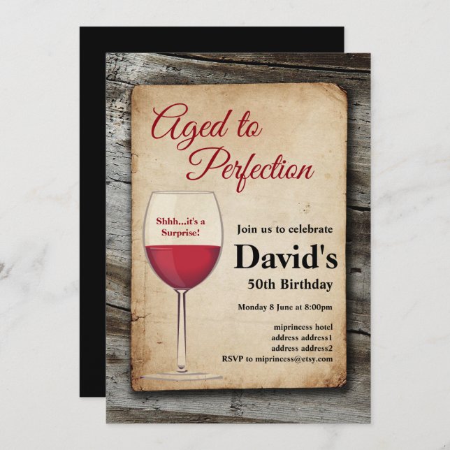 Red wine, wine invitation, aged to perfection invitation (Front/Back)