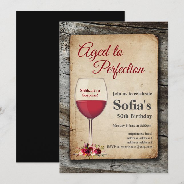 Red wine, wine invitation, aged to perfection invitation (Front/Back)