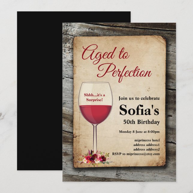 Red wine, wine invitation, aged to perfection invitation (Front/Back)