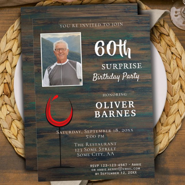 Red Wine Wood 60th Birthday Surprise Party Photo Invitation (Creator Uploaded)