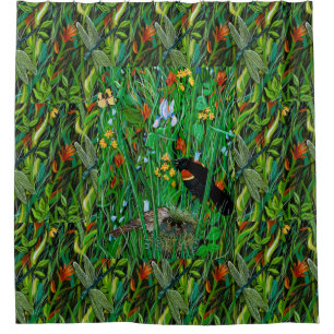 "Red Wing Blackbird & Dragonfly" Shower Curtain