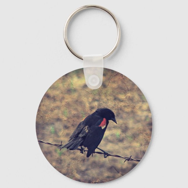 Red Wing Blackbird on Barbed Wire Keychain (Front)