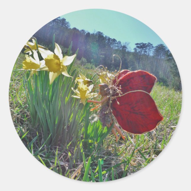 red wing fairy and daffodils classic round sticker (Front)