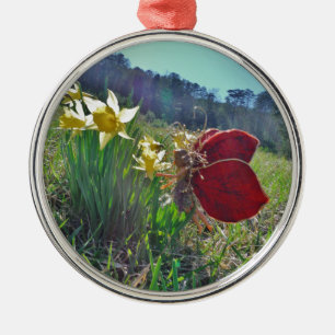 red wing fairy and daffodils metal ornament