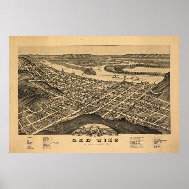 Red Wing Minnesota 1880 Antique Panoramic Map Poster (Front)
