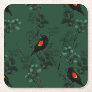 Red-Winged Blackbird Pattern Square Paper Coaster